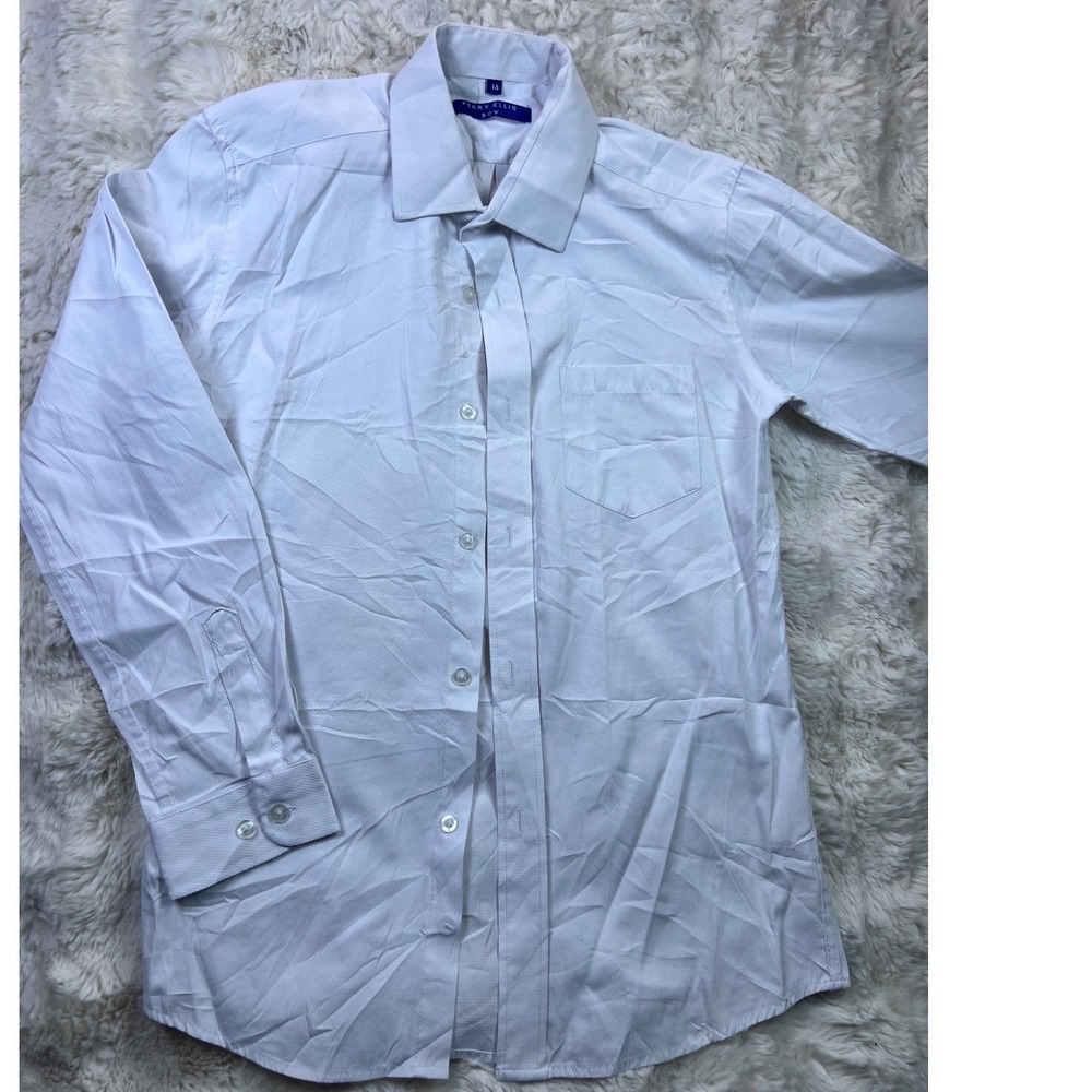Perry Ellis Boy White Long Sleeve Button Down Dress Shirt Size 14 Pocket. A37